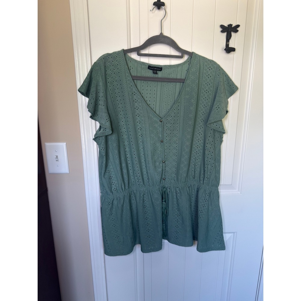 Lane Bryant Sage Green Eyelet Flutter Sleeve Drawstring Top Plus Size 22/24